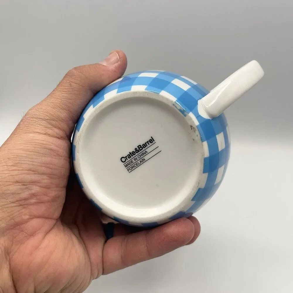 Crate & Barrel Coffee Mug Cup Gingham Plaid Blue White